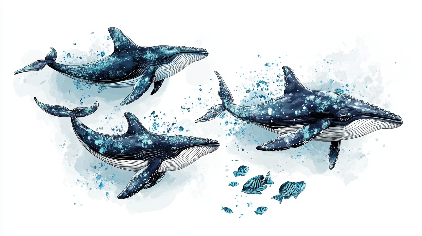 水彩海洋鲸鱼群插画