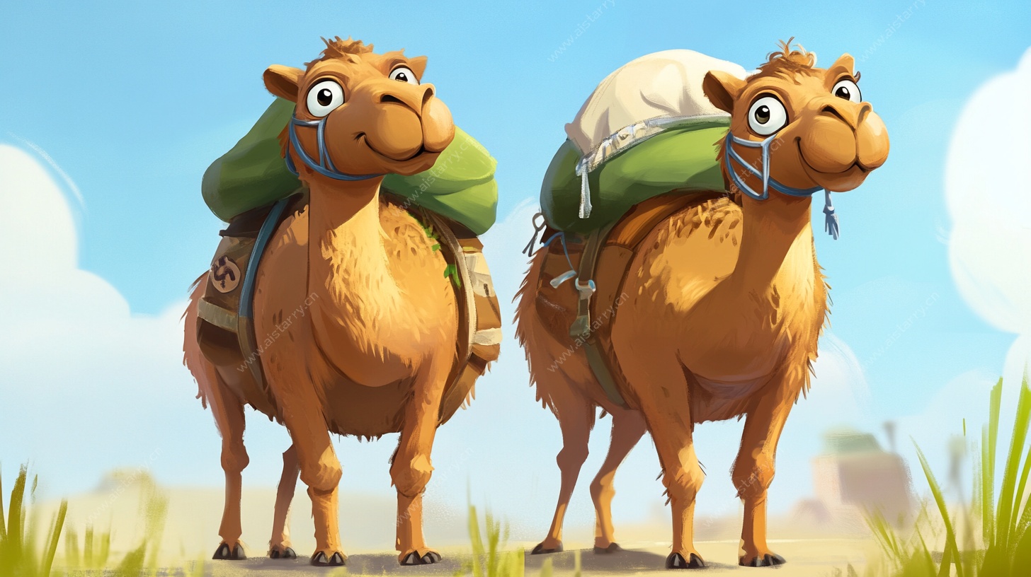 可爱双驼驮物行于草地