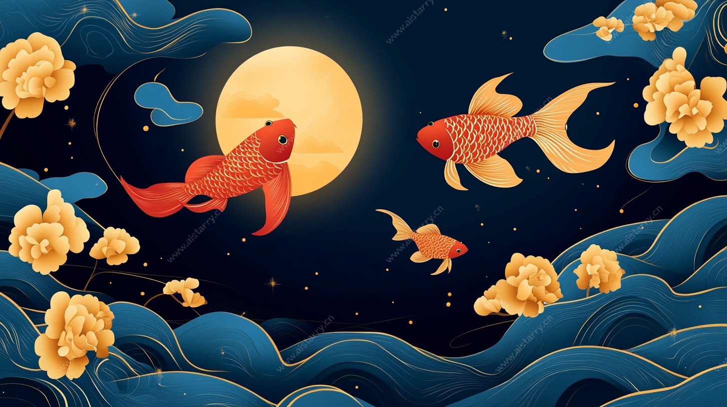 月夜锦鲤游金菊