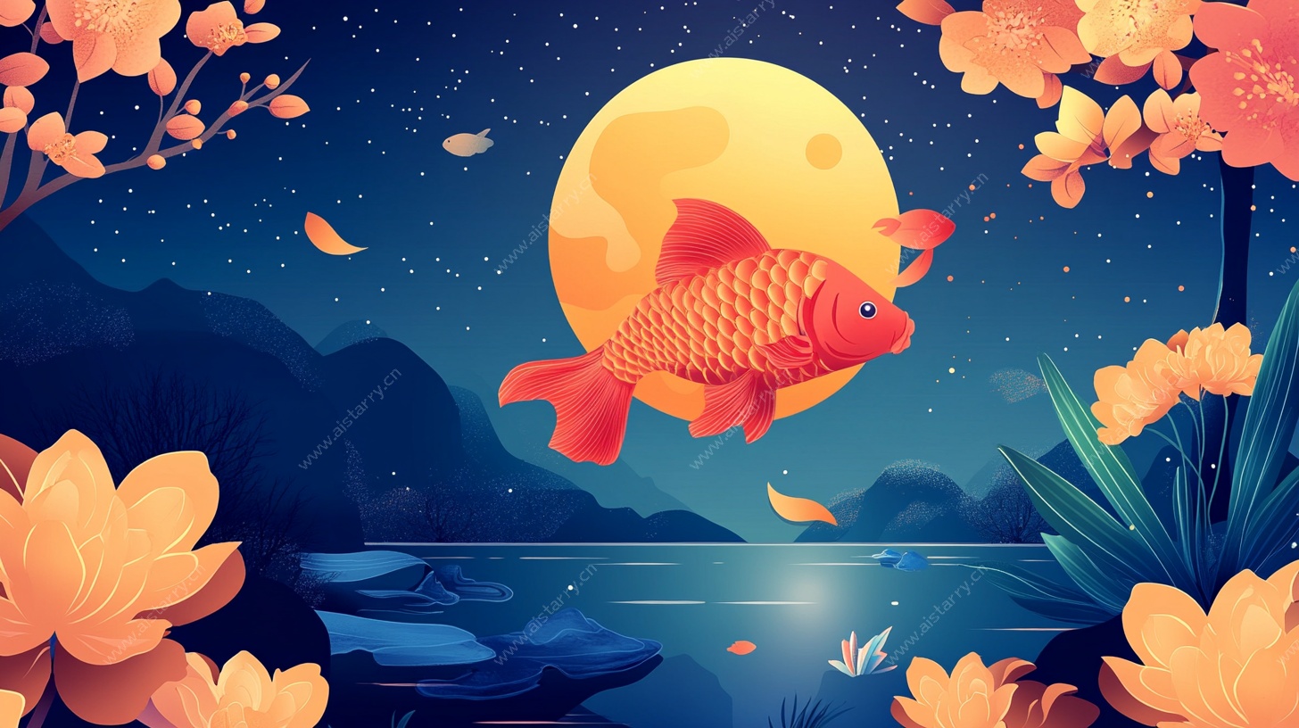 月夜锦鲤图