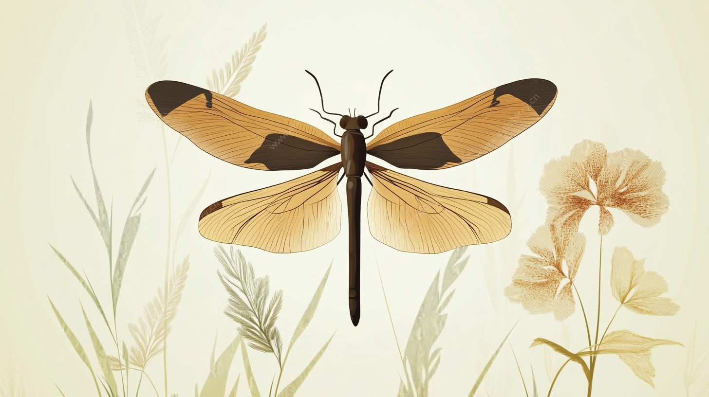 复古风蜻蜓花卉插画