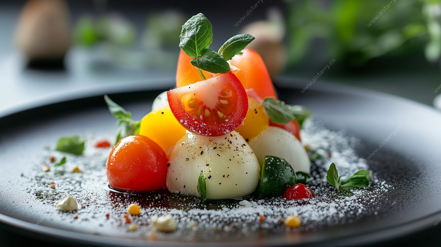 精致摆盘的多彩蔬果料理