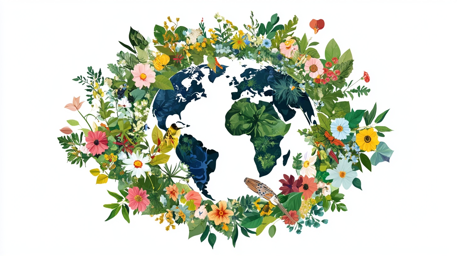 花卉环绕的地球插画