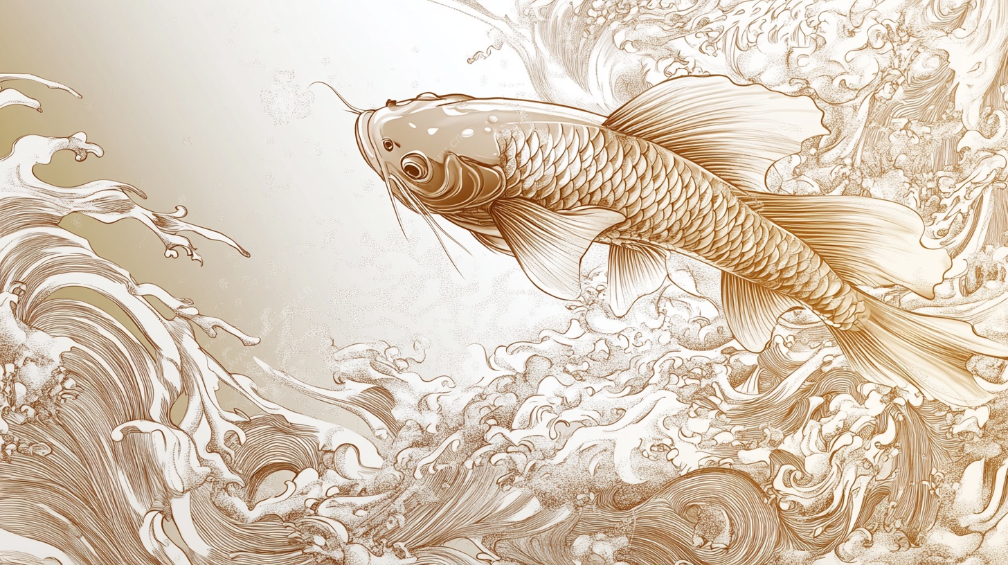 金色锦鲤跃于汹涌浪潮间