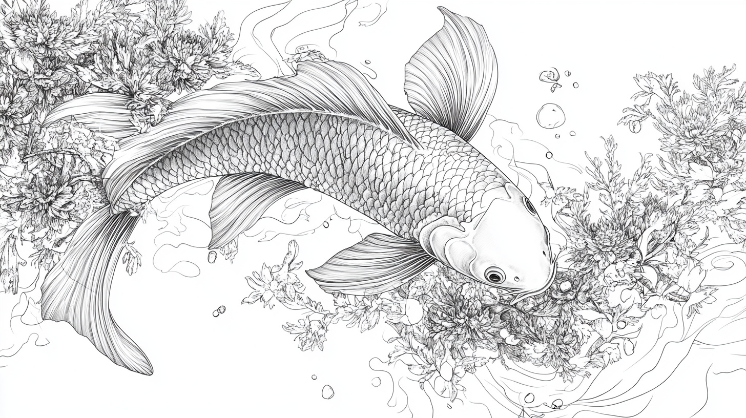 水墨风锦鲤线描图