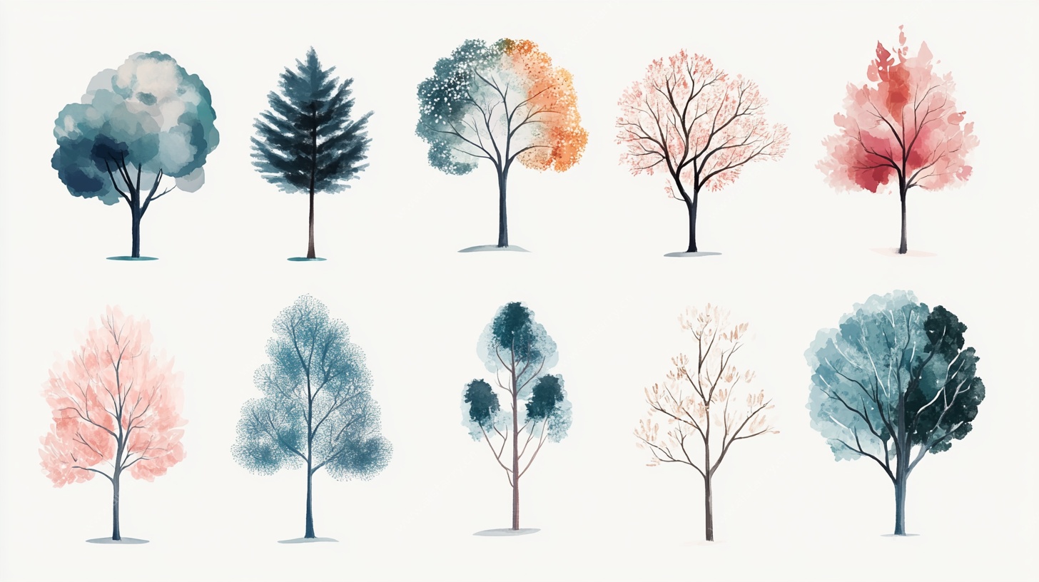水彩风格多样树木插画集
