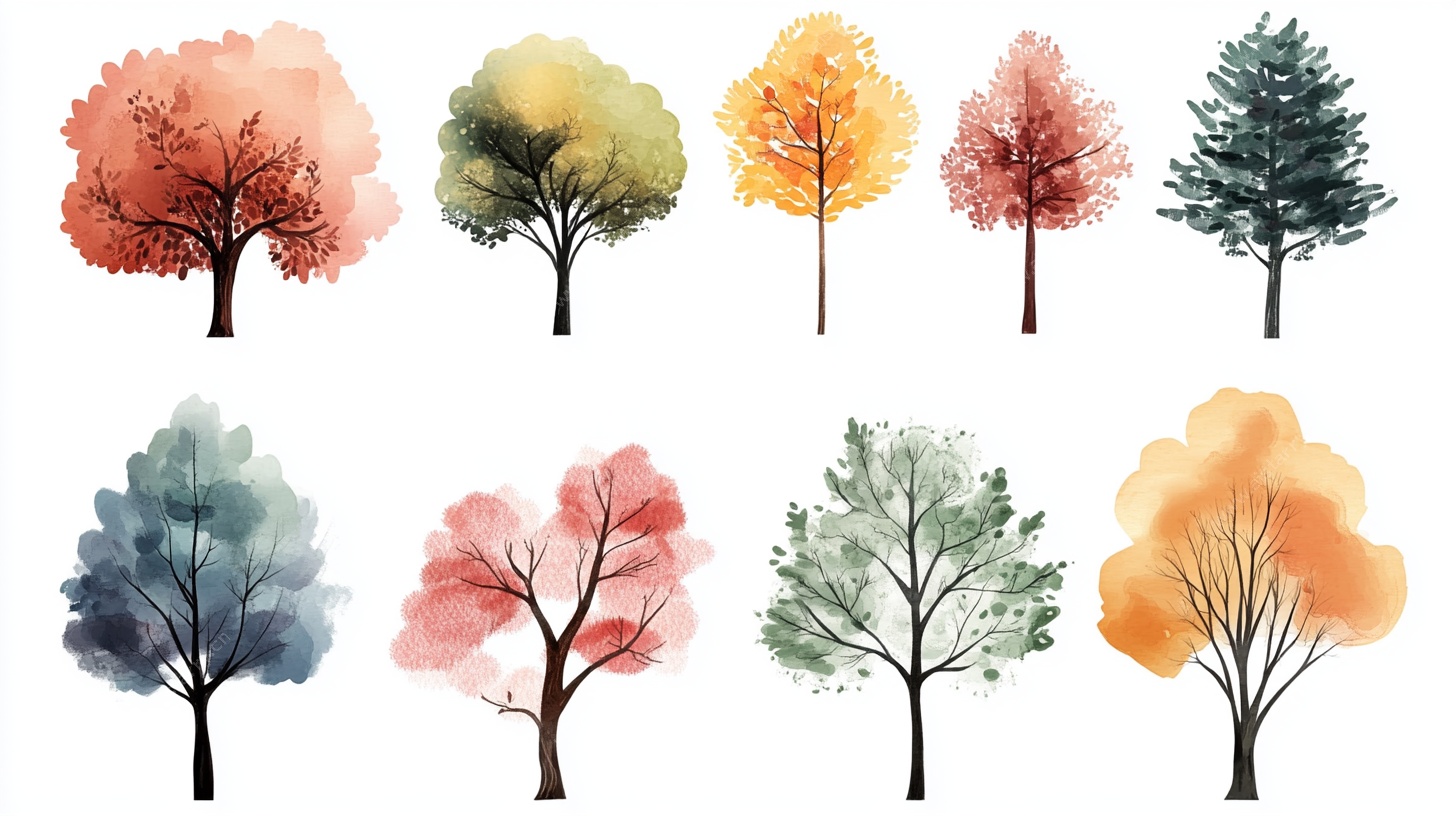 水彩风格多彩树木集合