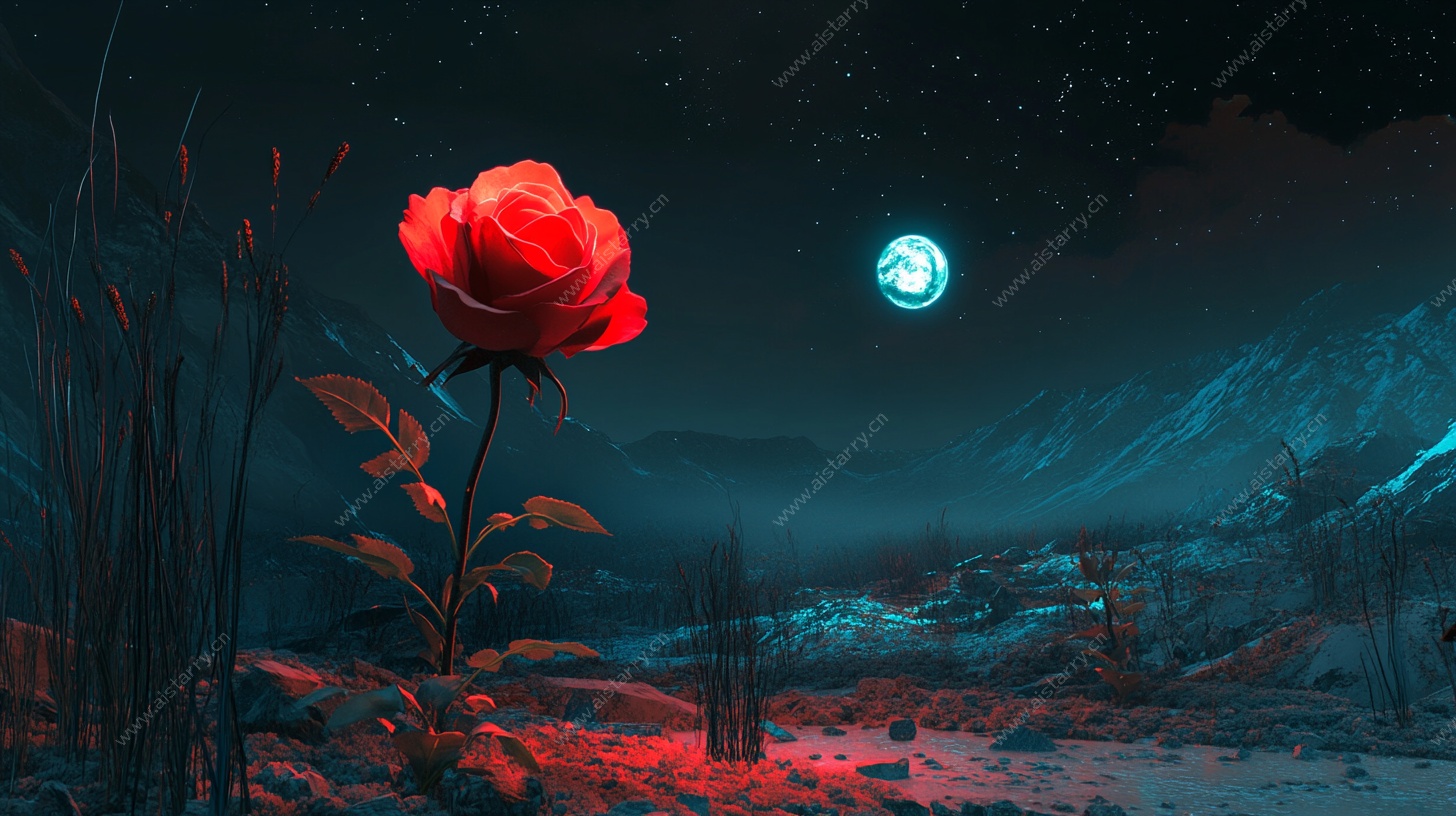 月夜下的孤独红玫瑰