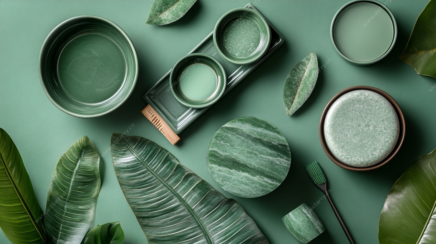 青绿色系陶瓷与叶片静物