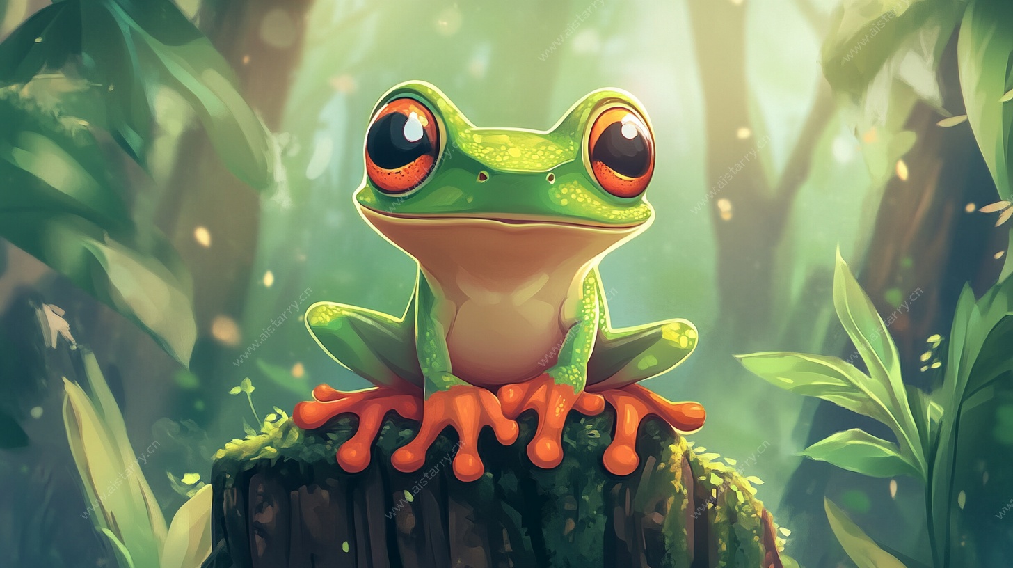 可爱青蛙坐于森林树桩上