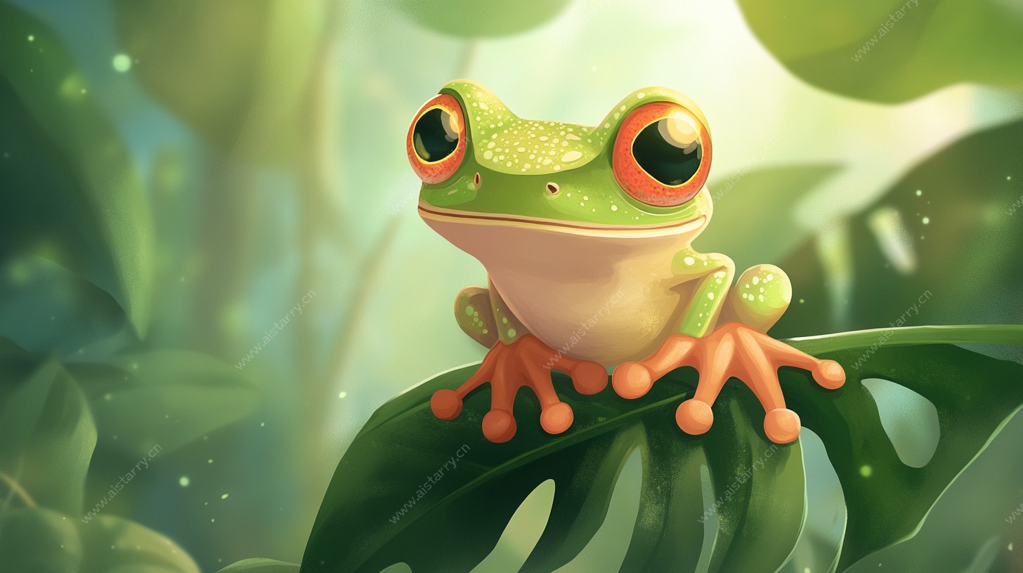 绿色萌趣青蛙栖于叶片间