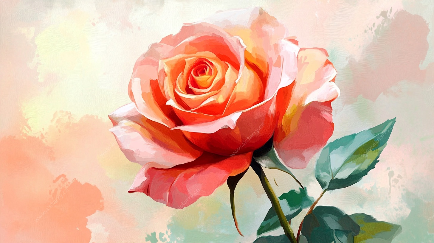 单枝橙粉玫瑰绘画作品
