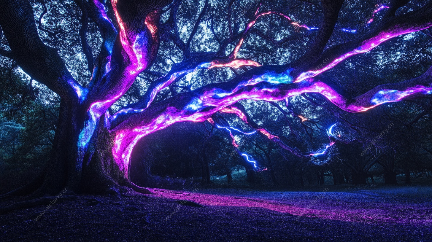 梦幻荧光古树夜景图