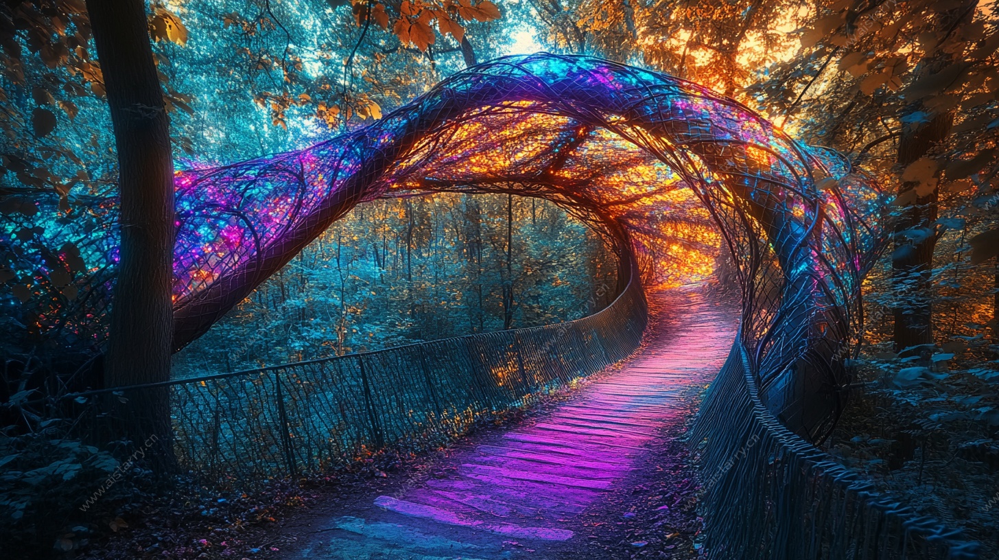 梦幻森林中的炫彩拱形步道