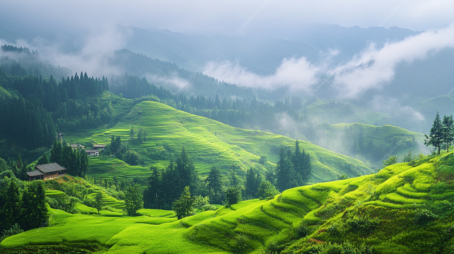 翠绿梯田云雾间美景