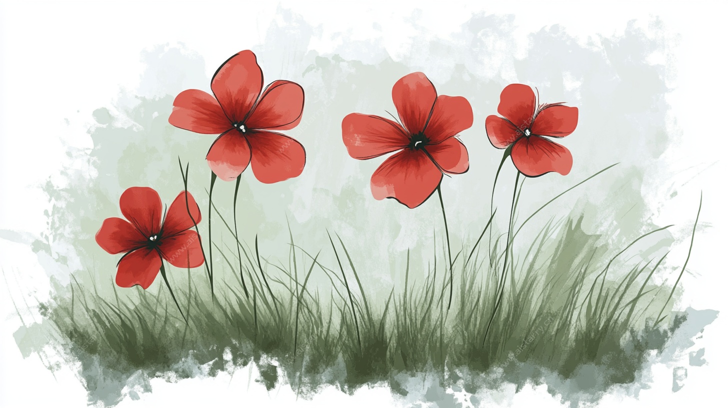 水彩红花朵与绿草图景