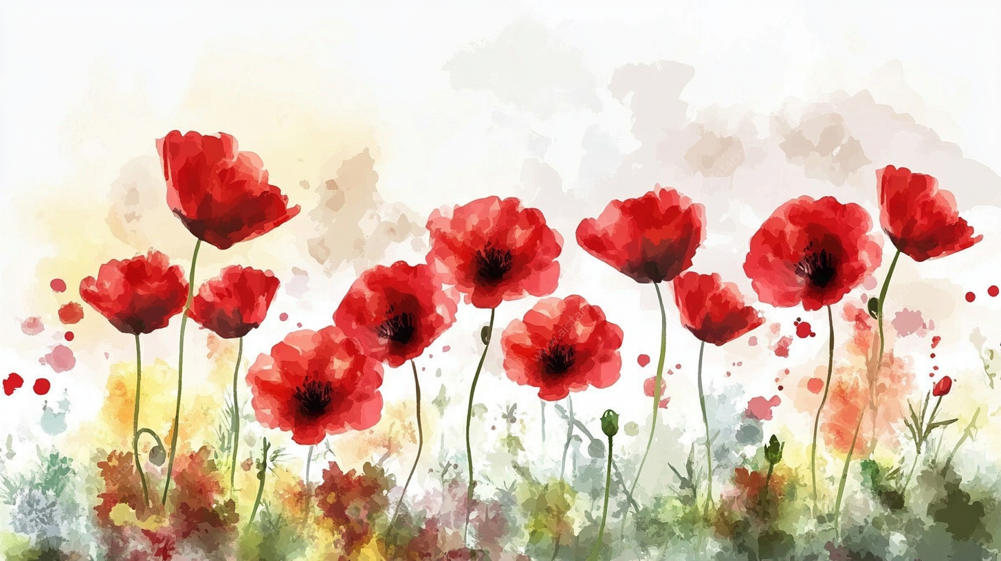 水彩红罂粟花卉画作