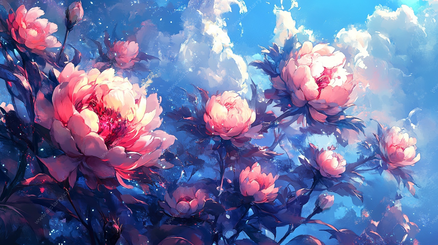 梦幻蓝天下的娇艳粉牡丹