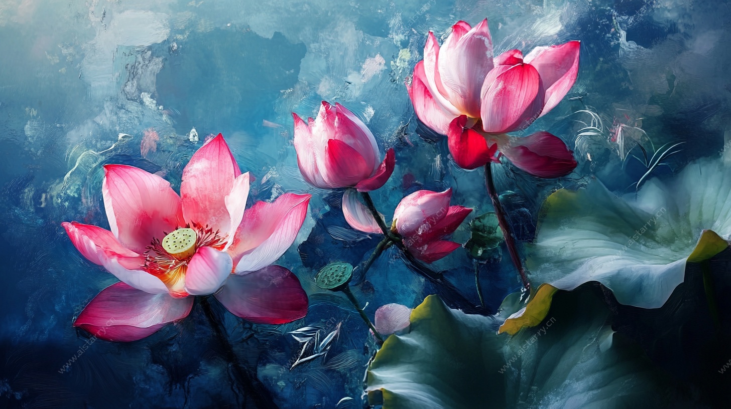 梦幻粉色荷花水彩画