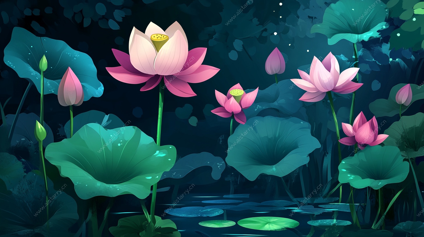 梦幻荷塘夜景插画