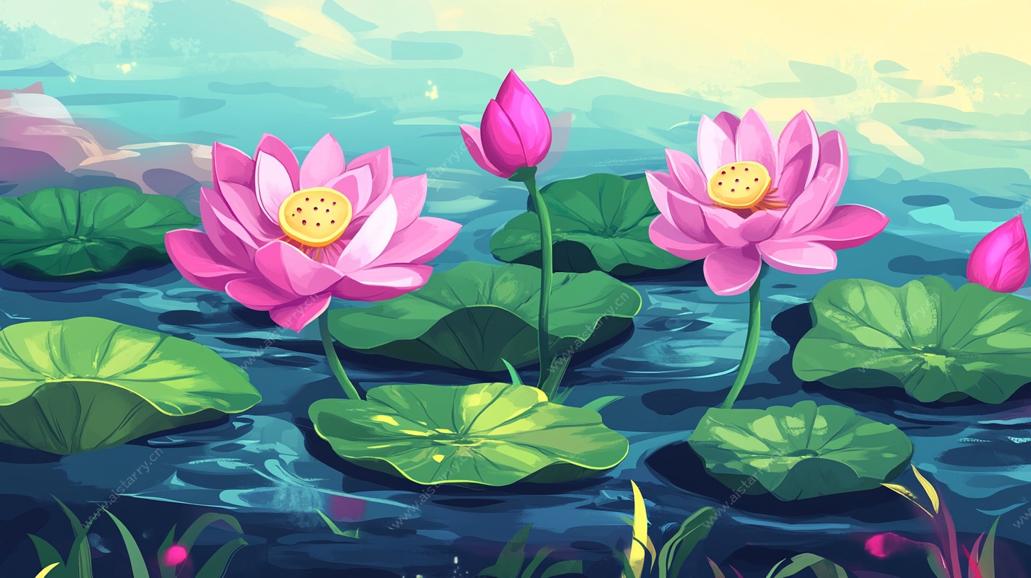 夏日荷塘荷花插画