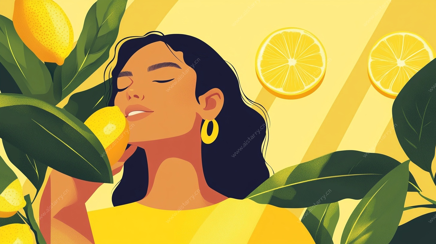 闭眼嗅柠檬的时尚女子