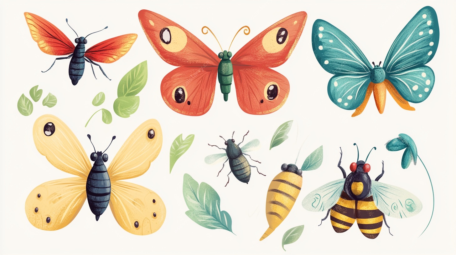 多彩昆虫与绿叶插画集合