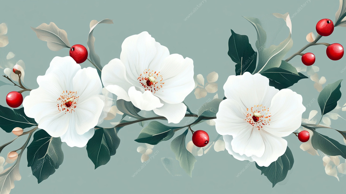 白色花卉与红果装饰图案