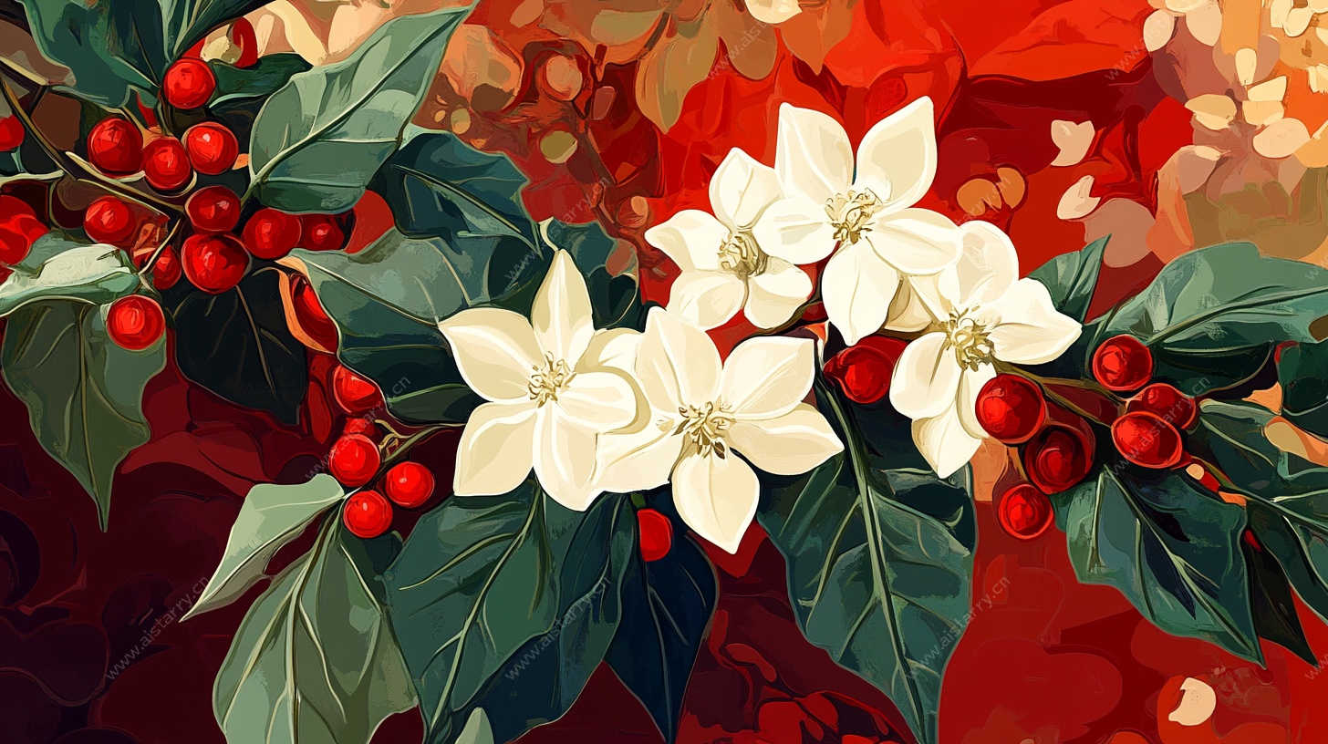 冬日花卉红果插画