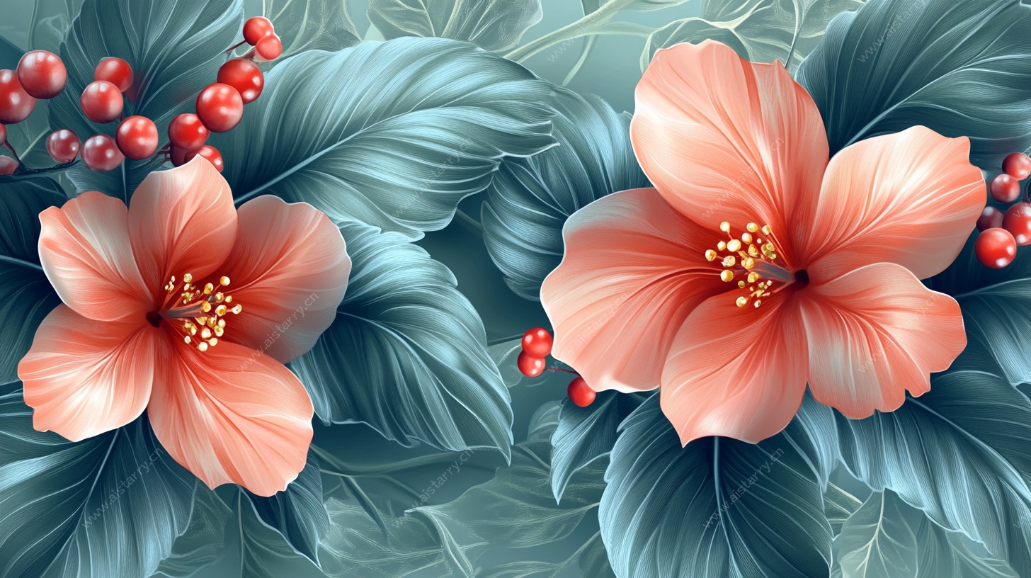 粉色木槿与绿叶装饰画