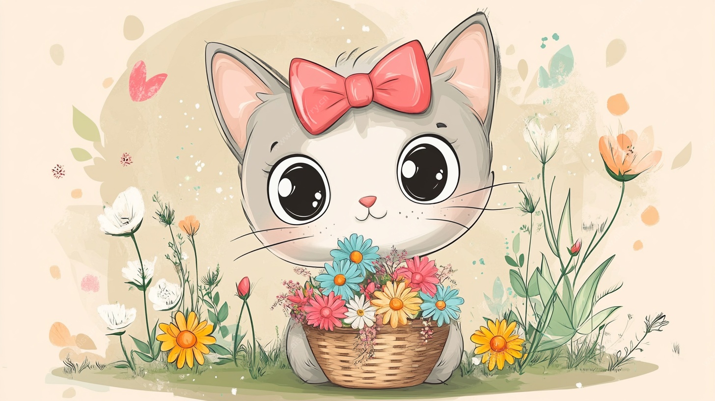 可爱猫咪与缤纷花篮