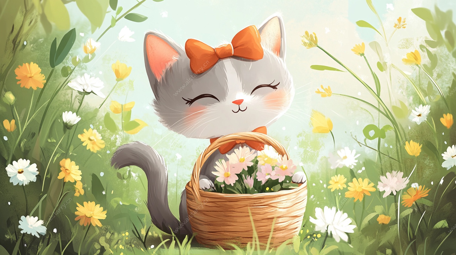 可爱猫咪提篮置身花丛中