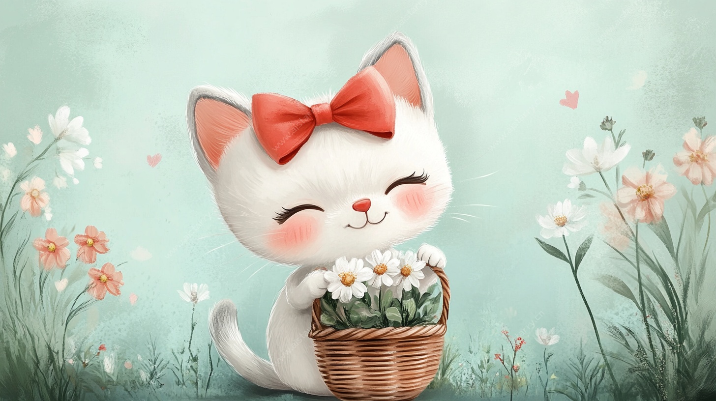 可爱猫咪捧花在花丛中