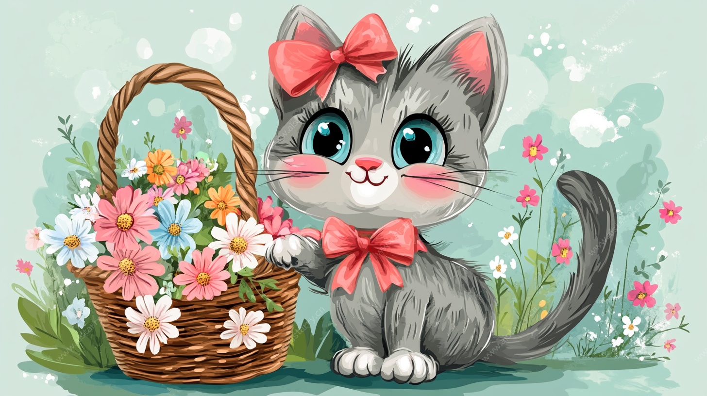 可爱灰猫与缤纷花篮