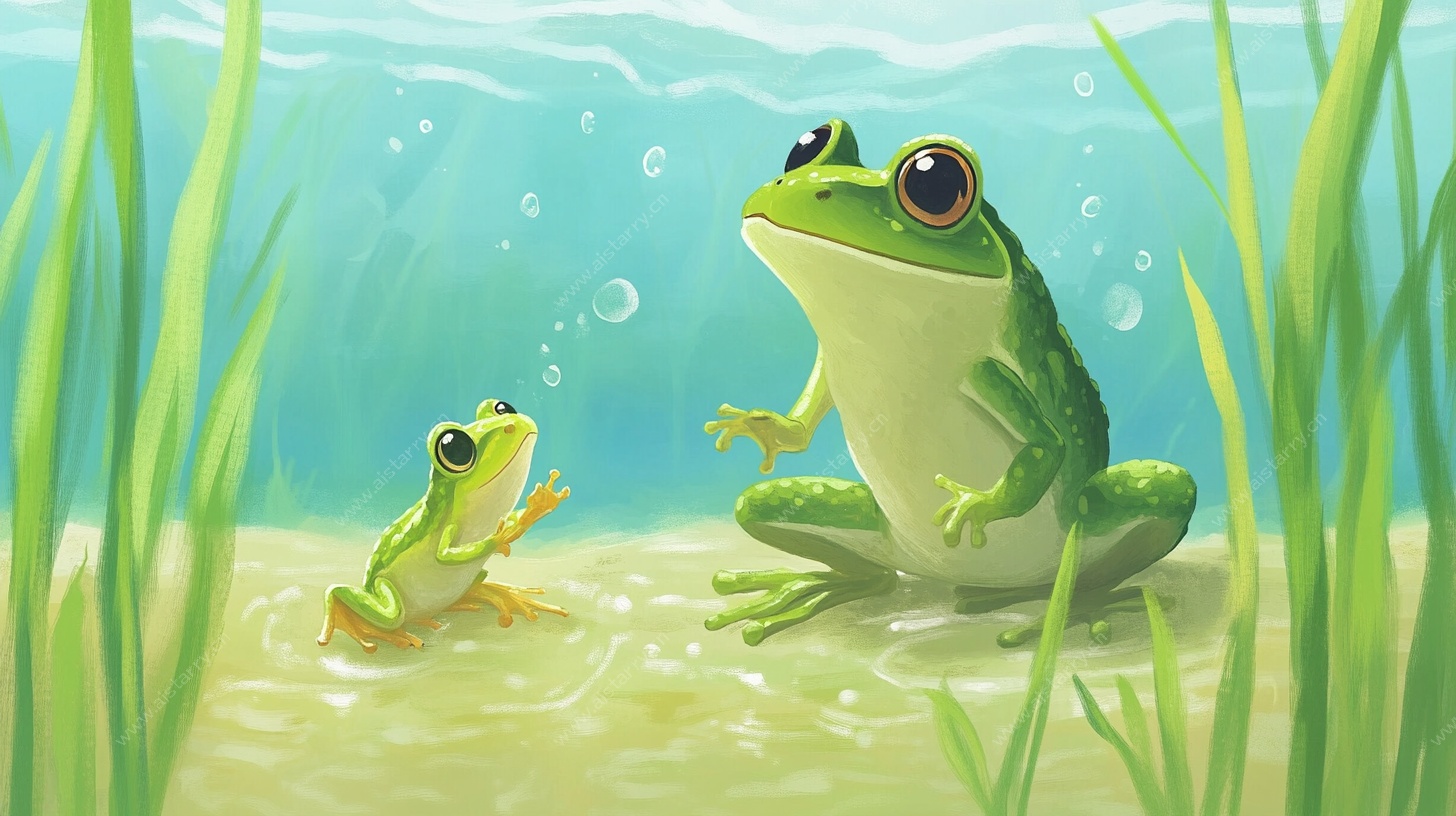 水下青蛙母子温馨画面