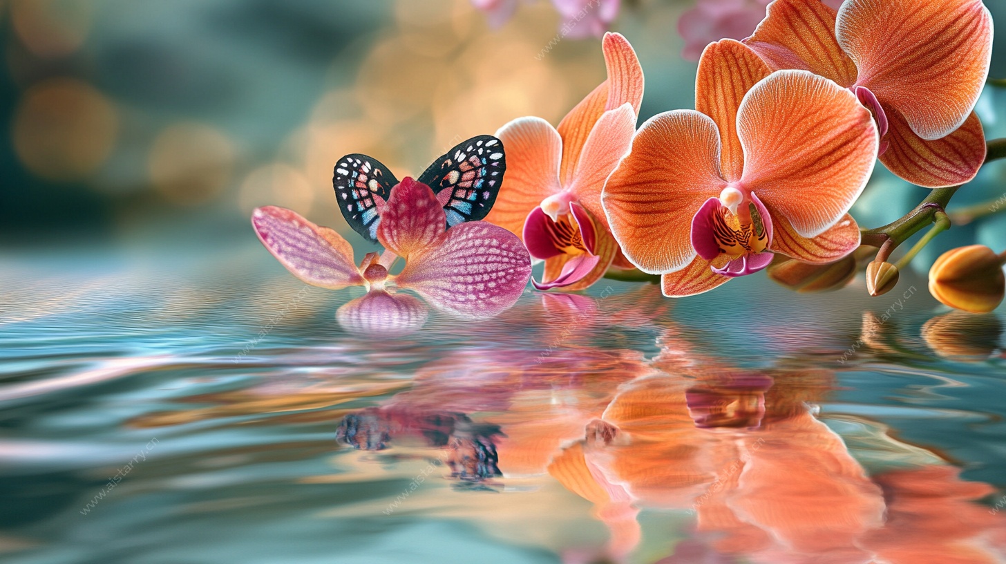 蝴蝶栖兰花 倒影映水光