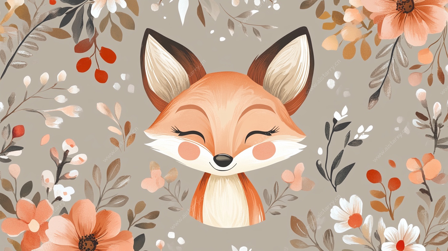 可爱狐狸花卉插画