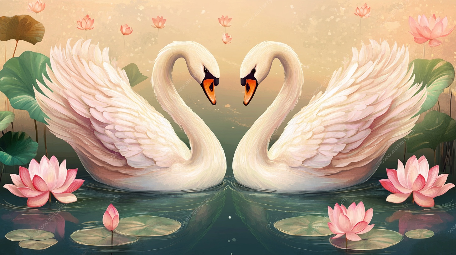 双天鹅于荷塘交颈图