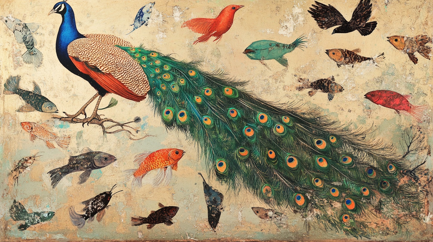 孔雀与群鱼奇幻艺术画作