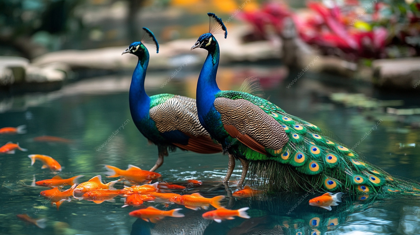 双孔雀与锦鲤共舞图景