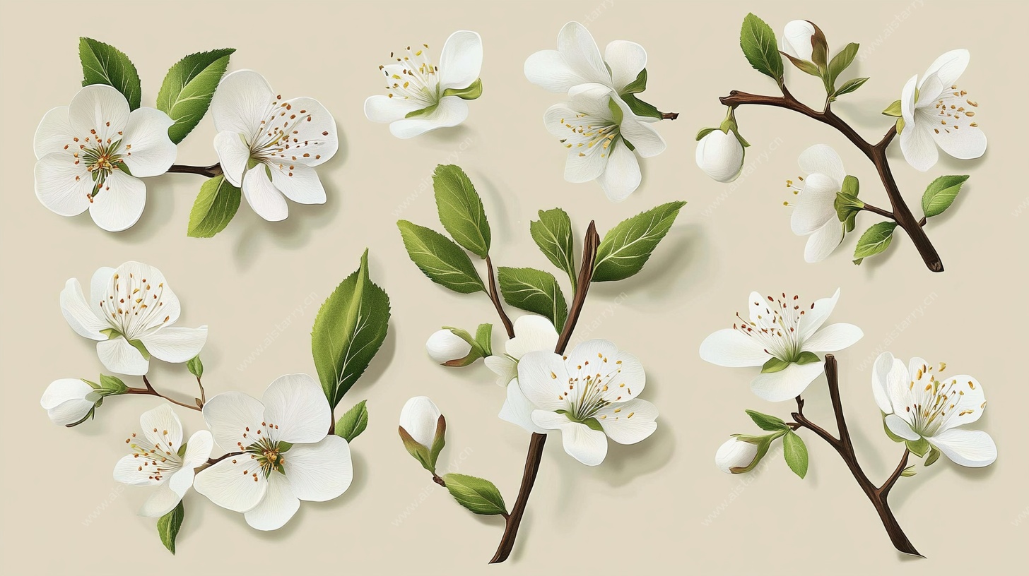 白色花卉与枝叶插画集合