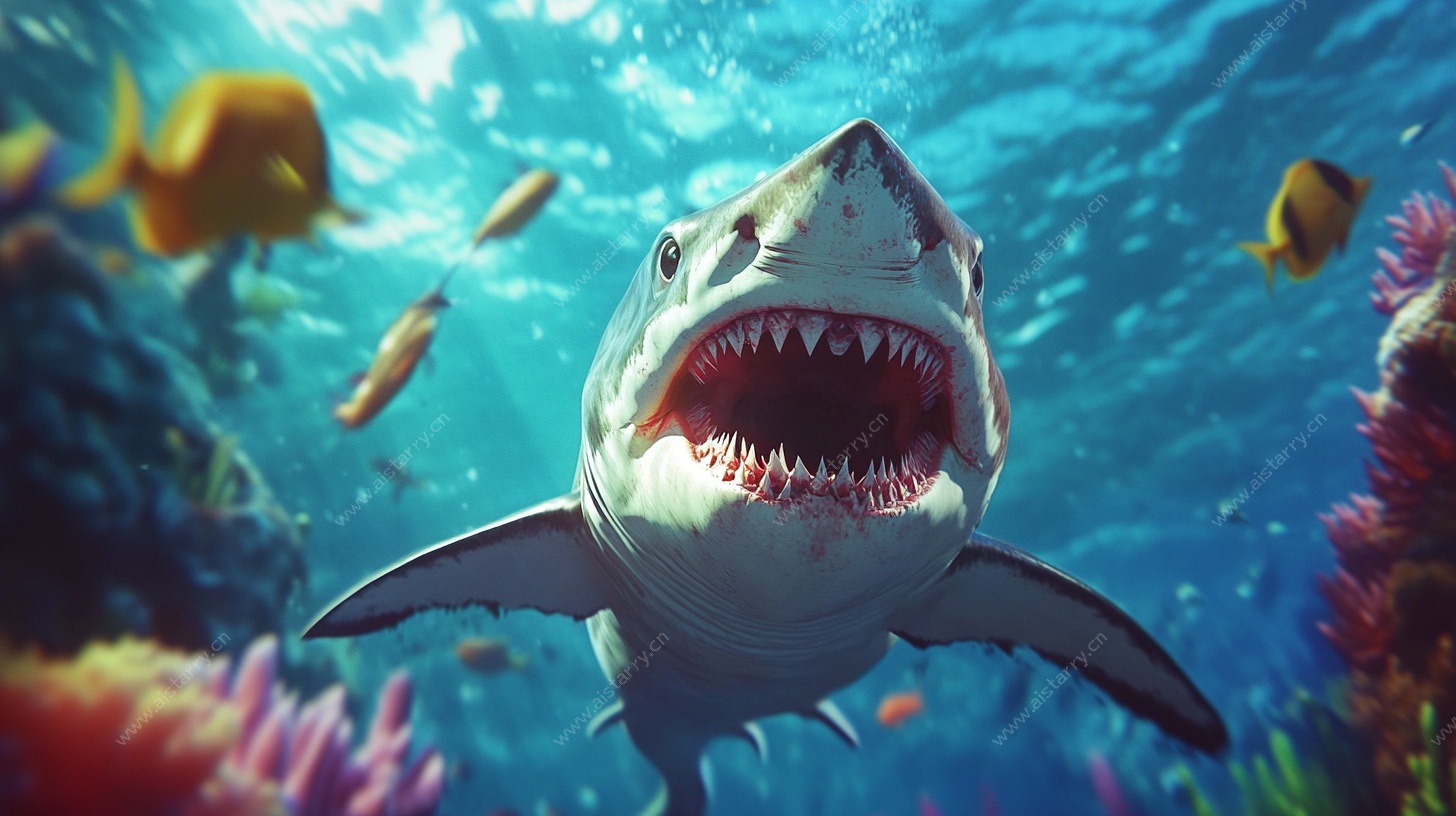 凶猛鲨鱼的海底奇幻景象
