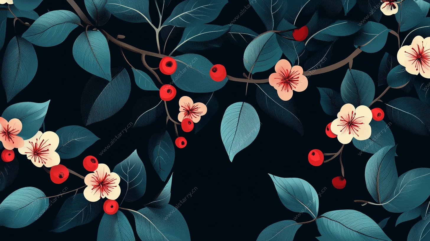 深蓝背景花卉枝叶图案