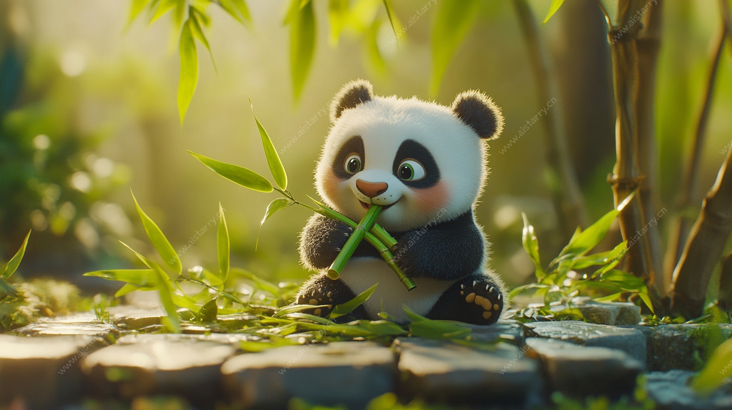 可爱熊猫竹林中享用竹子