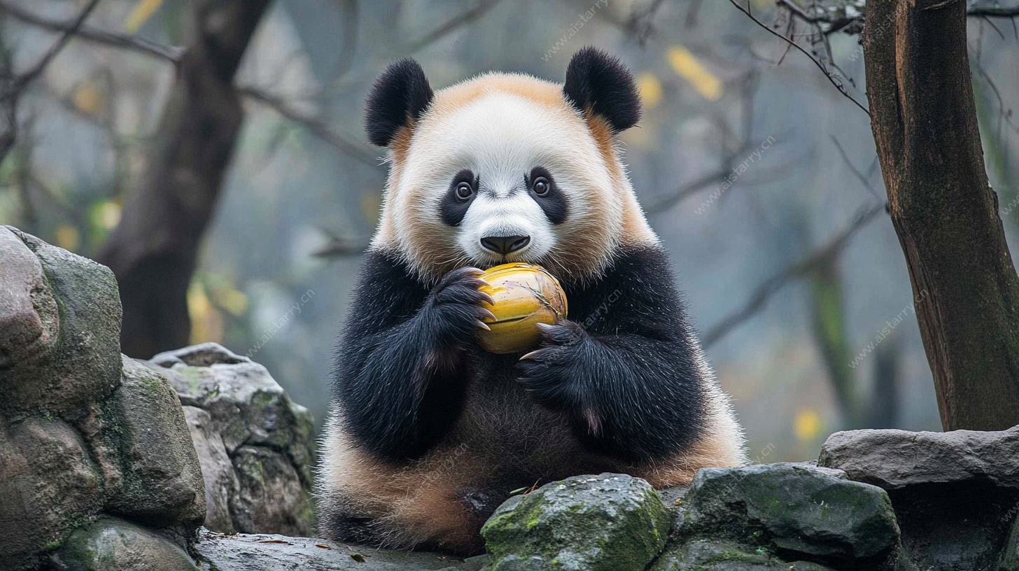 熊猫惬意吃水果