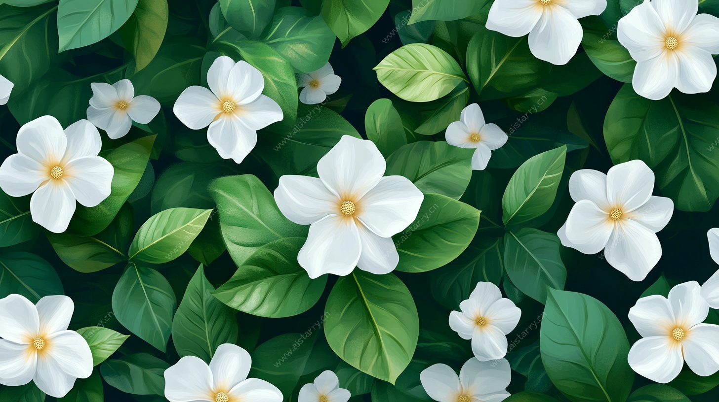 白色花朵绿叶无缝图案