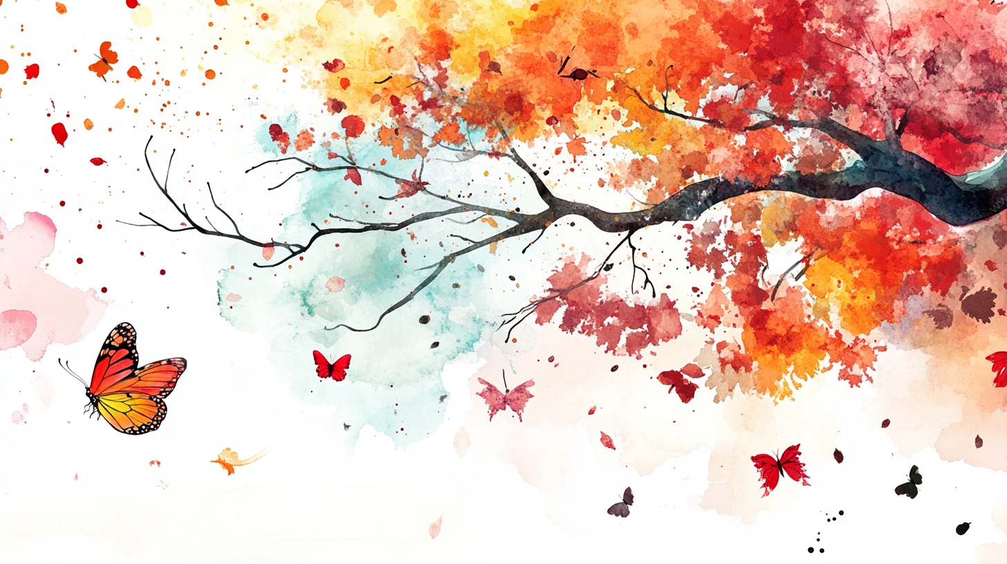 秋景蝴蝶水彩画