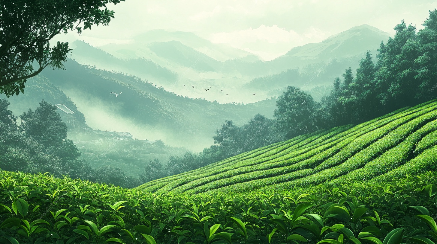 云雾缭绕的绿色茶园风光