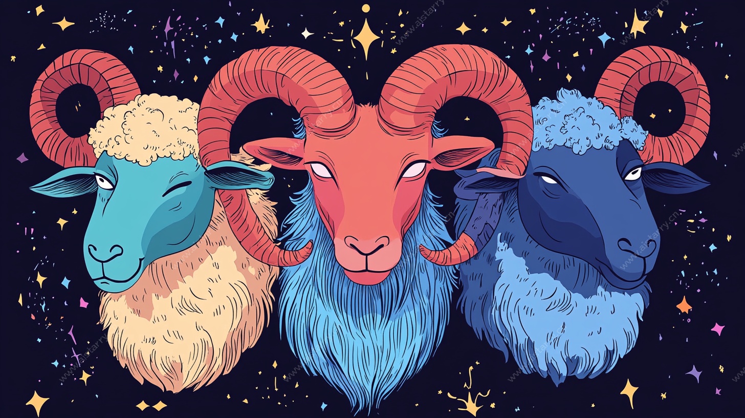 三只奇幻风格的星座羊头