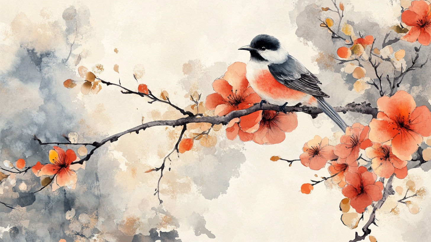 水墨花鸟枝头图